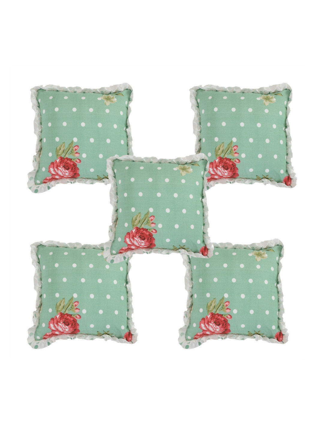 Luxmi Cotton Fabrics Green Floral Polyester Silk Washable 5 Pcs Cushion Covers -16x16In