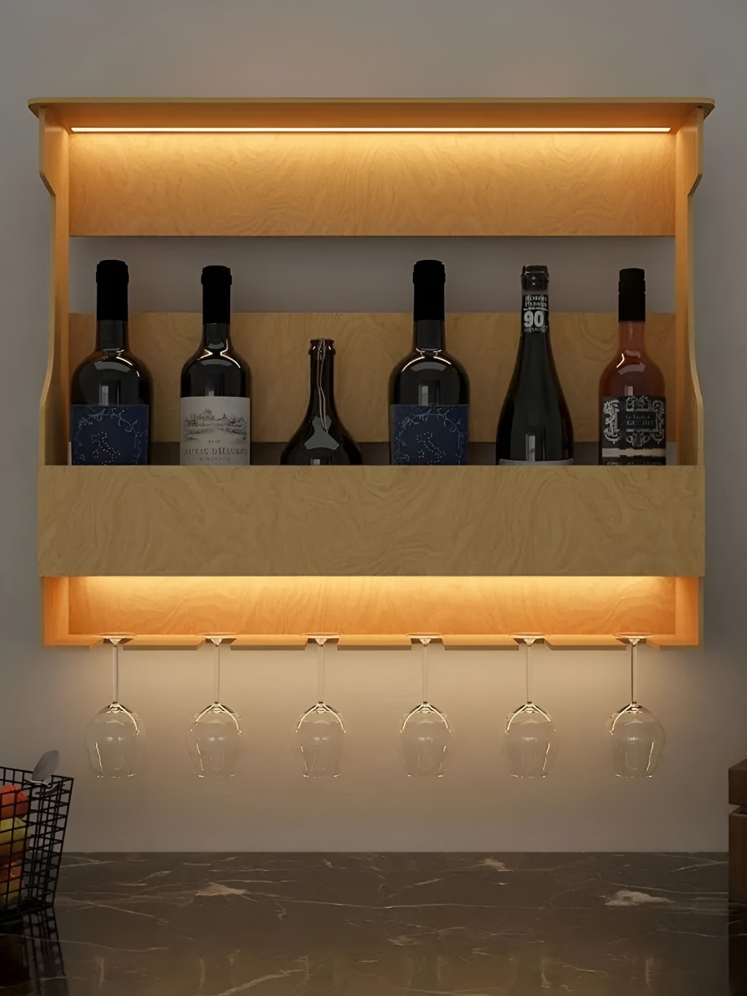 DEKORSTATION Beige Oak Finish Wooden Bar Wall Shelf