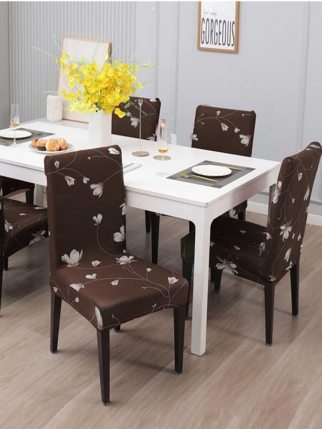 GIFTS ISLAND Set Of 6 Brown & White Floral Printed Chair Covers