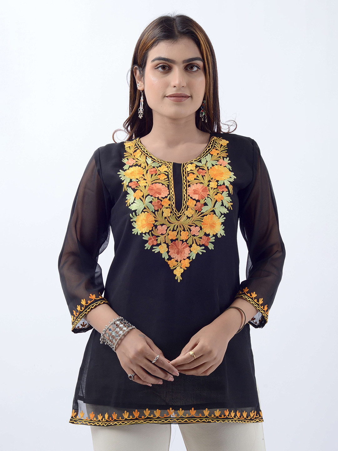 TROMBOO Floral Embroidered Pure Georgette Kurti