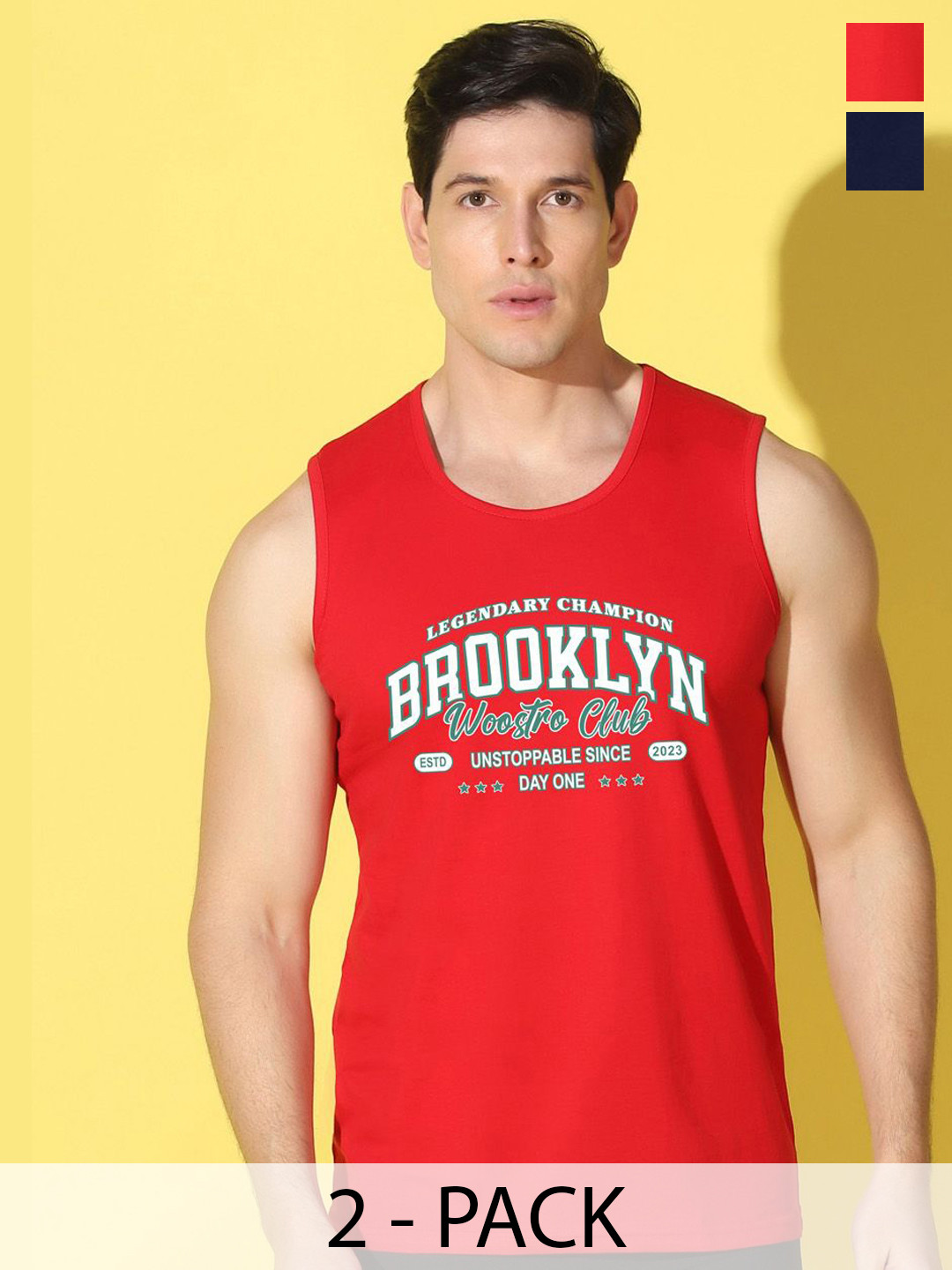 WOOSTRO Pack Of 2 Printed Combed Cotton Gym Vests - VWS26(BKLN RED)(PLAIN NAVY)