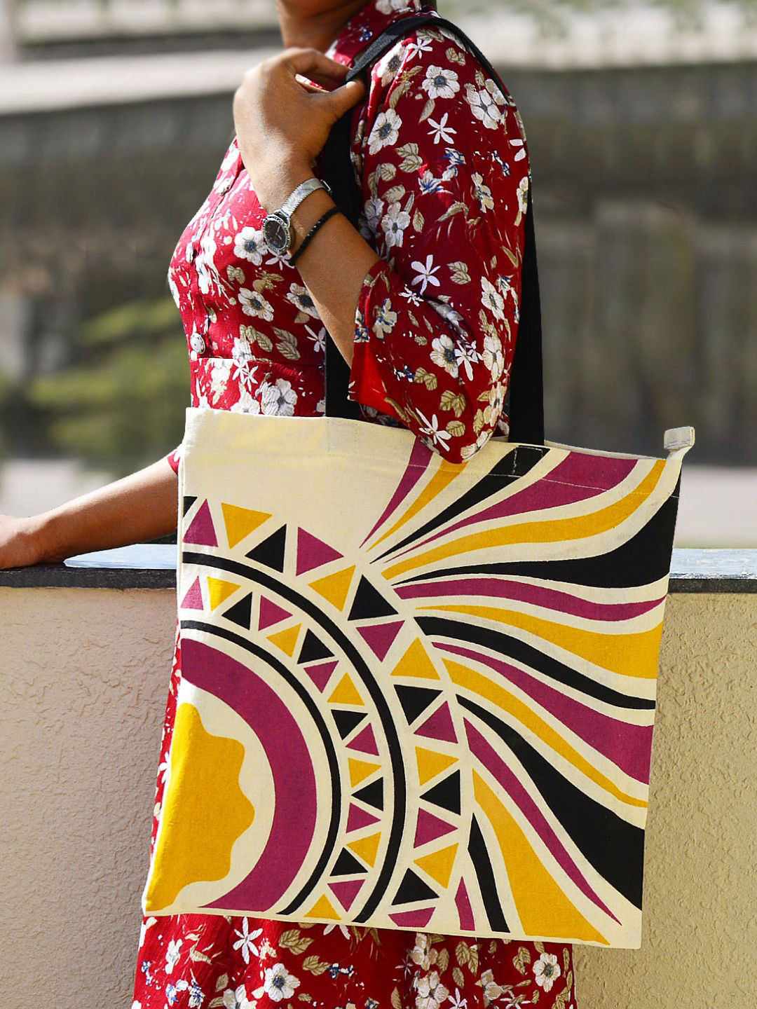 StyleMyWay Multicolor Geomeric Cotton Canvas Tote Bag