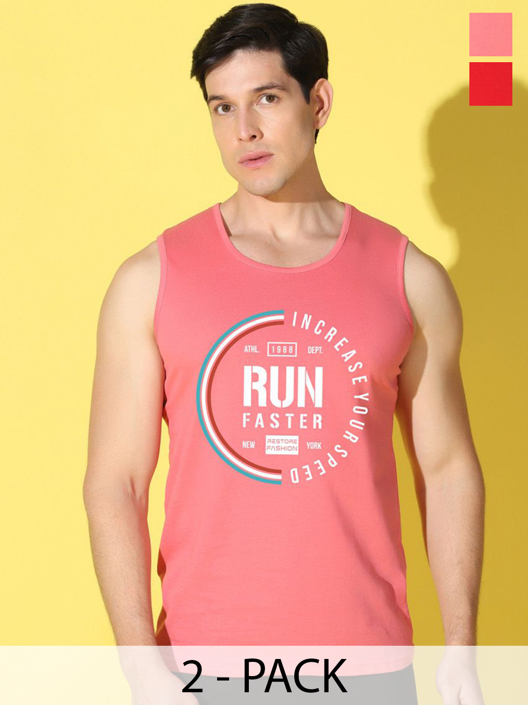 WOOSTRO Pack Of 2 Printed Combed Cotton Gym Vests -VWS26(RUN PEACH)(ALONE RED)