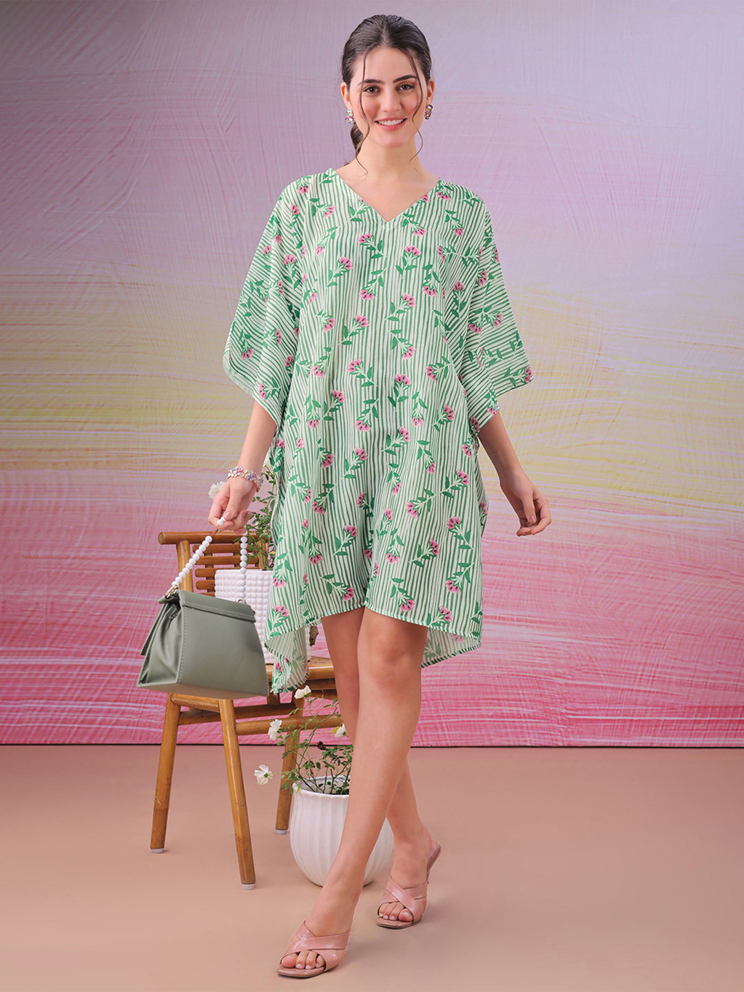 LABEL AARNA Flora Stride Muslin Cotton Short Kaftan Dress
