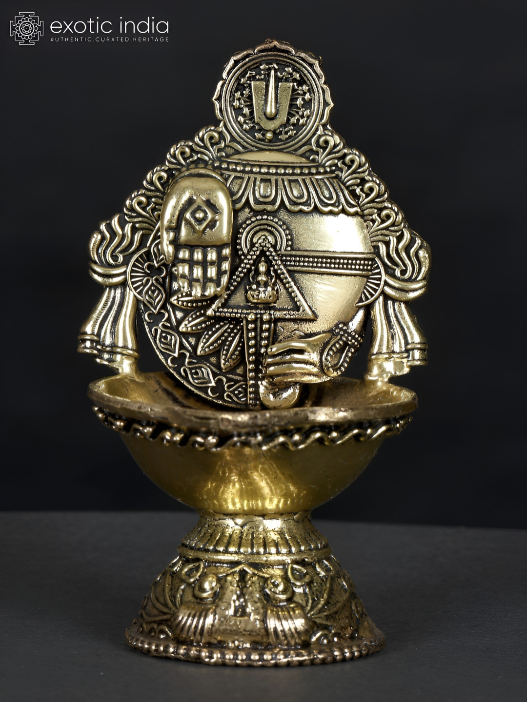 Exotic India Superfine Tirupati Balaji Conch Diya In Brass Fir Temple