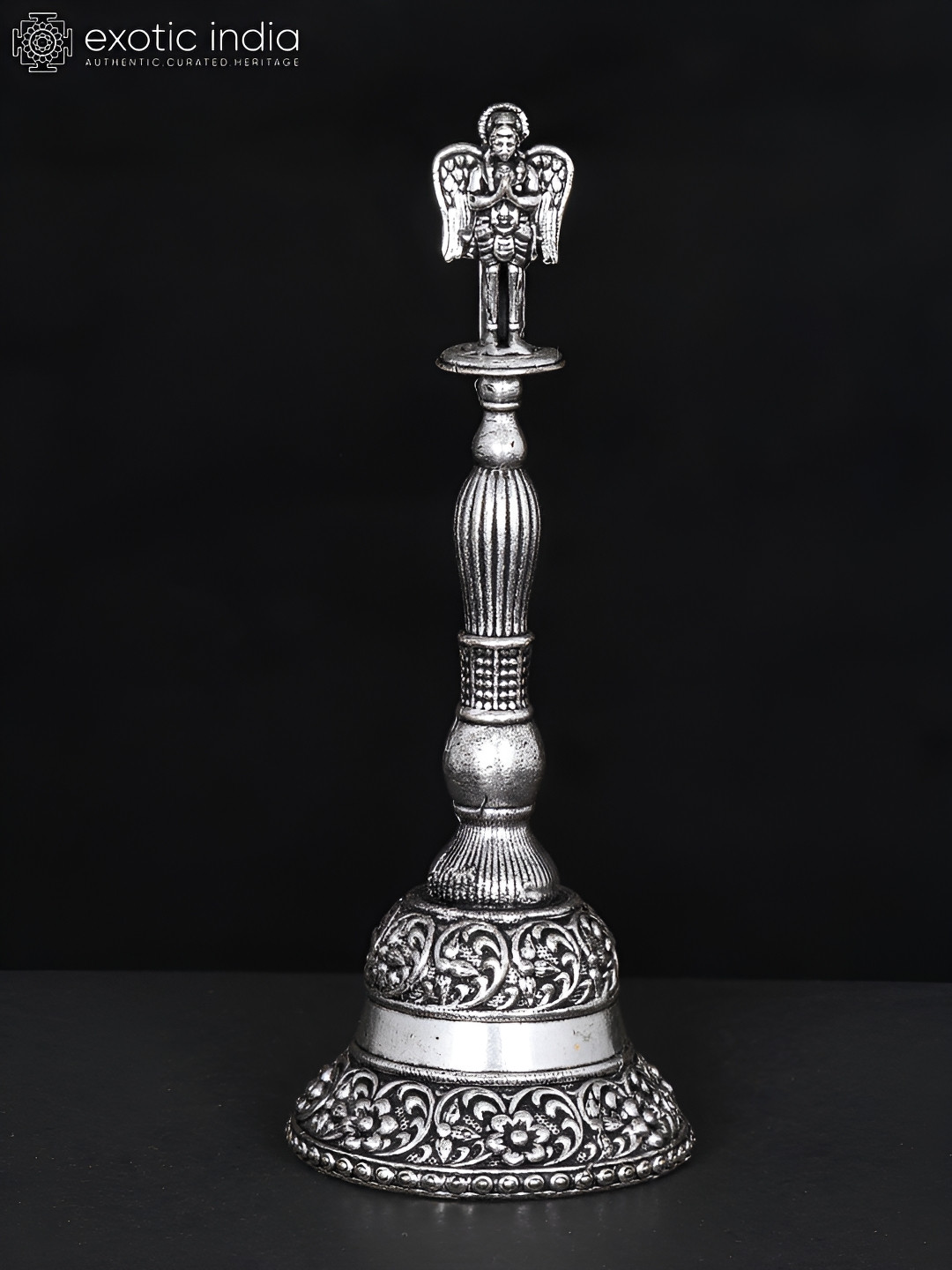 Exotic India Garuda Ghanti Silver Brass Metallic Prayer Room Tiny Showpiece - 5.5 Inches