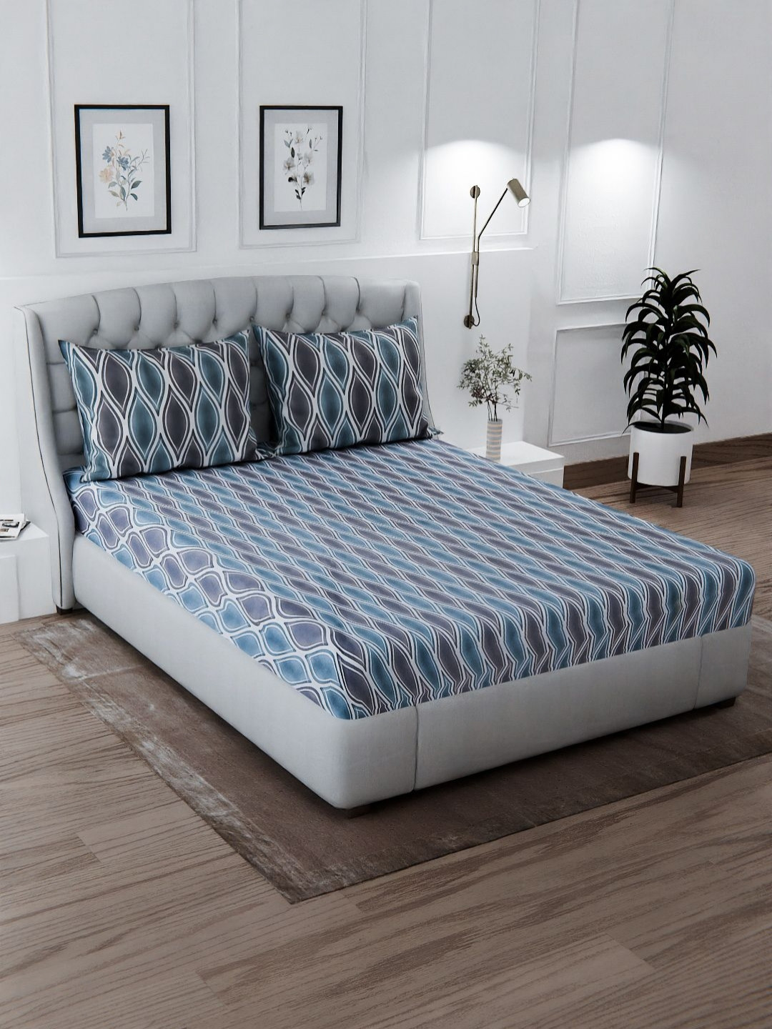 Signature Teal Abstract Cotton 120 TC King Bedsheet with 2 Pillow Covers-89 x 96 inches