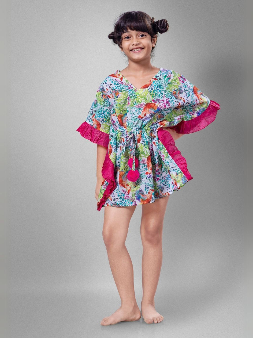 Tura Turi Floral Print Bell Sleeve Kaftan Mini Dress