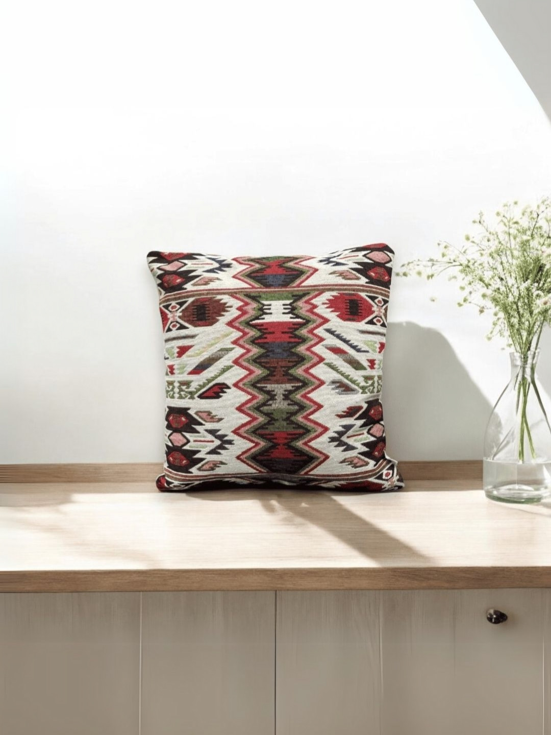 LUSHLYF Maroon & White Zigzag Printed Jacquard Square Cushion Cover