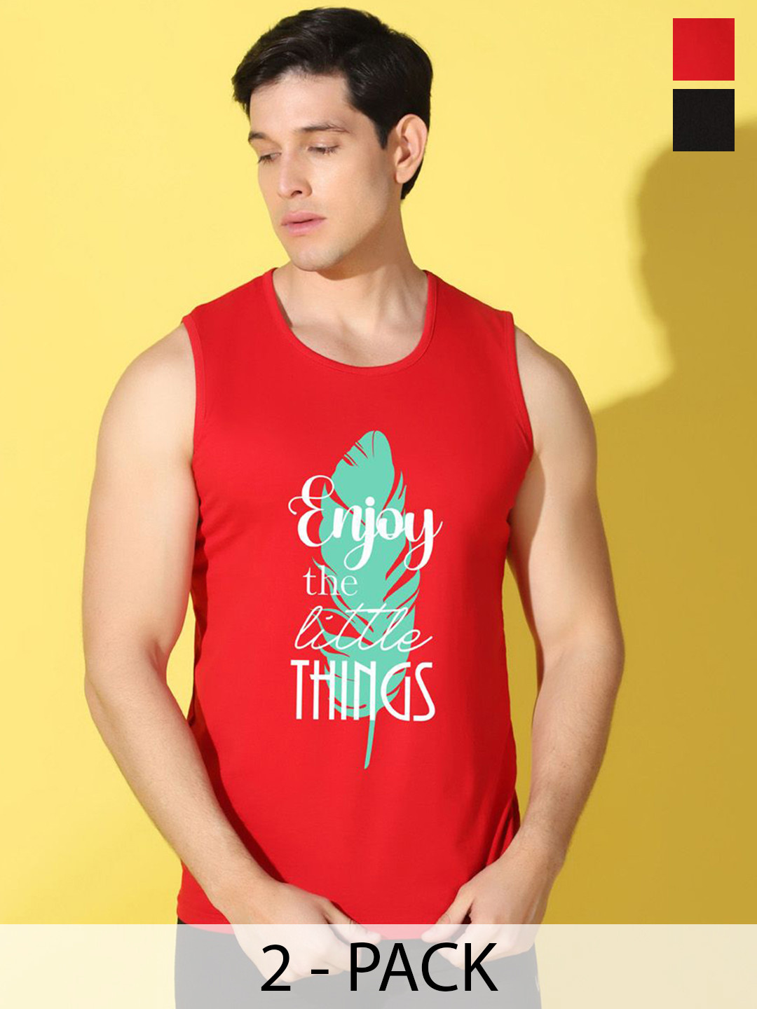 WOOSTRO Pack Of 2 Printed Combo Cotton GymInnerwear VWS26(ENJOY RED)(PLAIN BLACK)