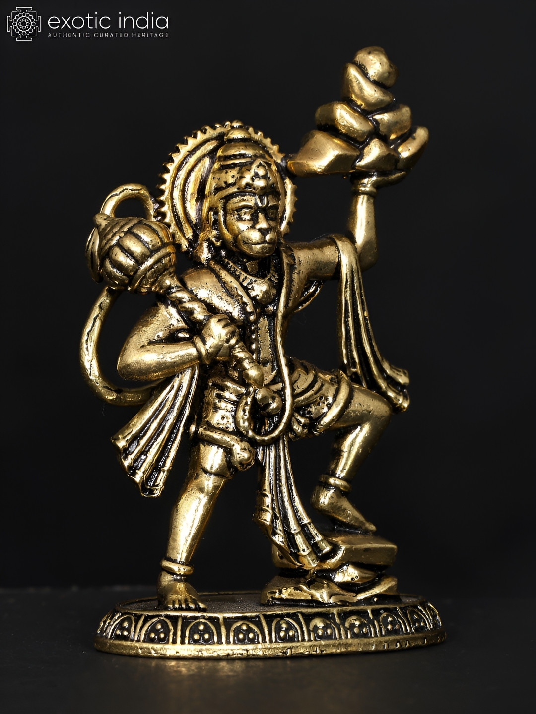 Exotic India Sanjivani Hanuman Gold Brass Metallic Prayer Room Tiny Showpiece - 2.5 Inches