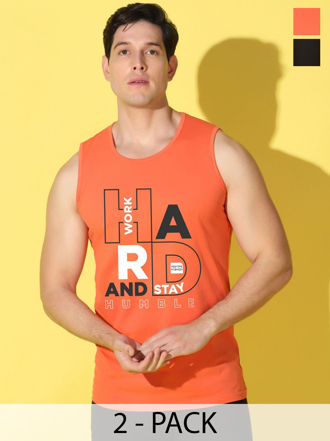 WOOSTRO 2-Pc Printed Combed Cotton Innerwear Vests VWS26(HARD ORANGE)(HARD BLACK)