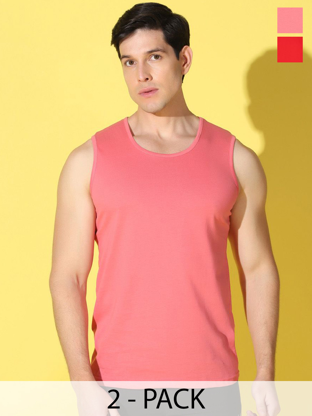 WOOSTRO Pack Of 2 Printed Combed Cotton Gym Vests -VWS26(PLAIN PEACH)(PLAIN RED)