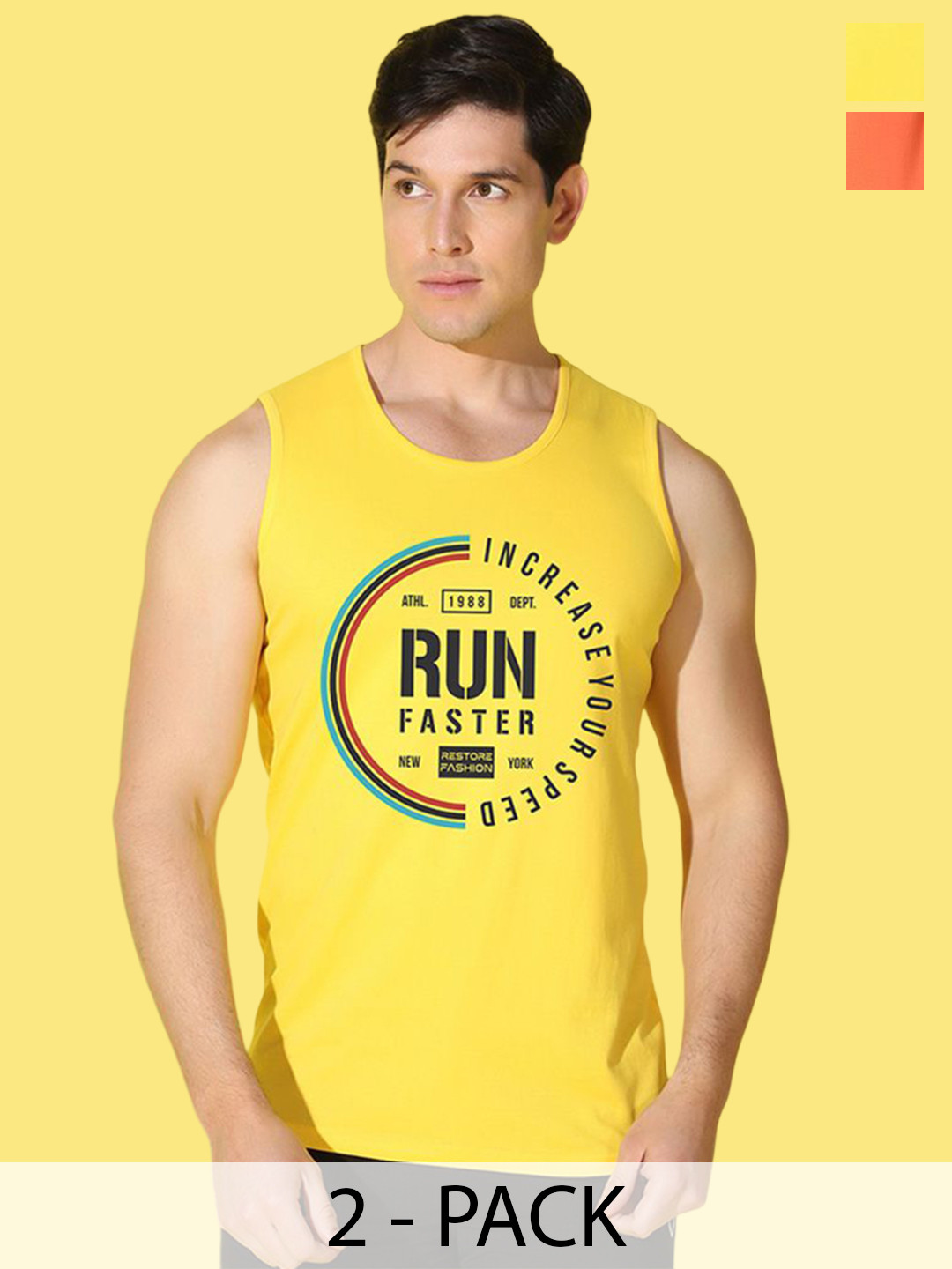 WOOSTRO Pack Of 2 Printed Combed Cotton GymInnerwear VWS26(BKLN ORANGE)(RUN YELLOW)