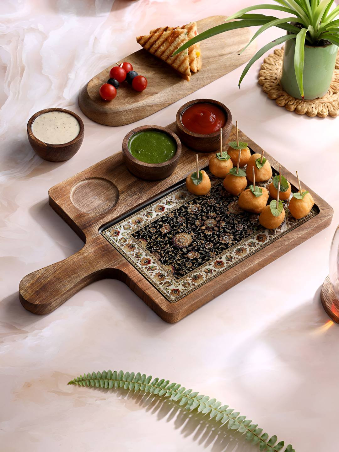 DULI 4 Pieces Brown Wooden Food Platter With 3 Dip Bowls