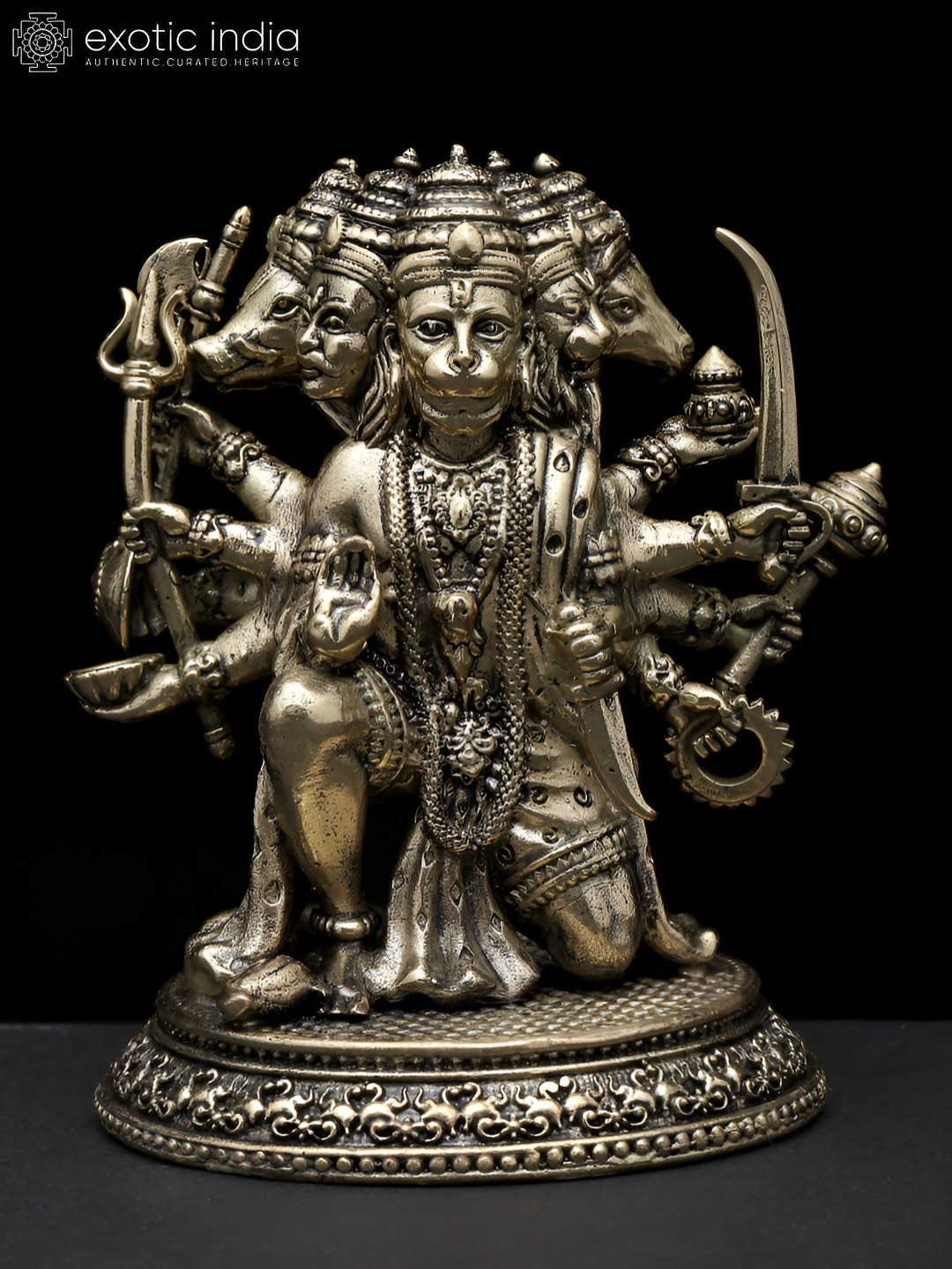 Exotic India Sitting Panchamukhi Lord Hanuman Gold Brass Metallic Living Room Tiny Showpiece - 3 Inches