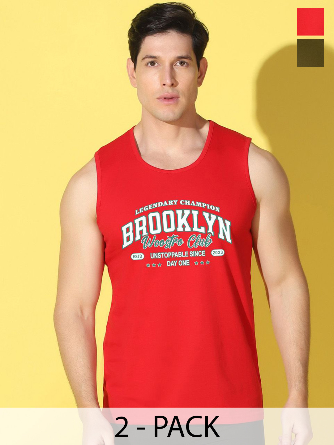 WOOSTRO 2-Pc Printed Odour-Free Cotton Innerwear Vests VWS26(BKLN RED)(ALONE OLIVE)