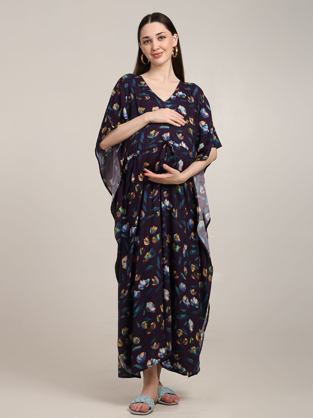 CRAFTBAZAR Floral Print Batwing Sleeve Maternity Kaftan Maxi Dress