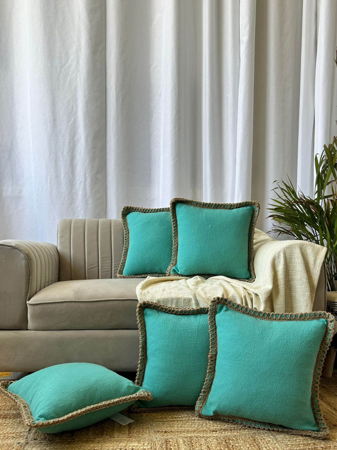 EXPORT HOUSE Sea Green & Brown 5 Pieces Solid Square Cushion Covers