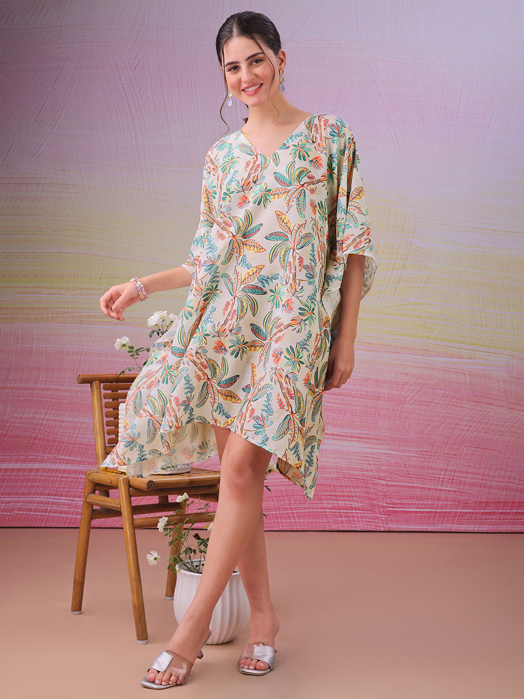 LABEL AARNA Flora Blanc Muslin Cotton Short Kaftan Dress