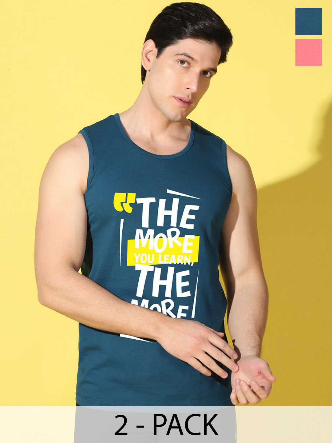 WOOSTRO Pack Of 2 Printed Combo Cotton Scoop Neck Gym Vests VWS26(MORE PEACOCK)(PLAIN PEAC