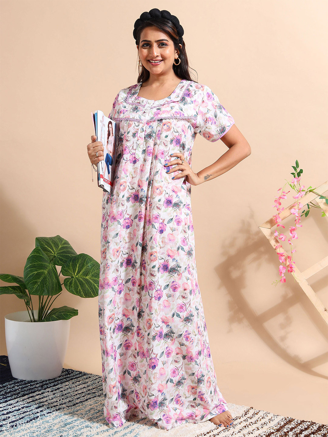 9shines Label Cotton Chikankari Purple Floral Nightdress with Pocket and Lace