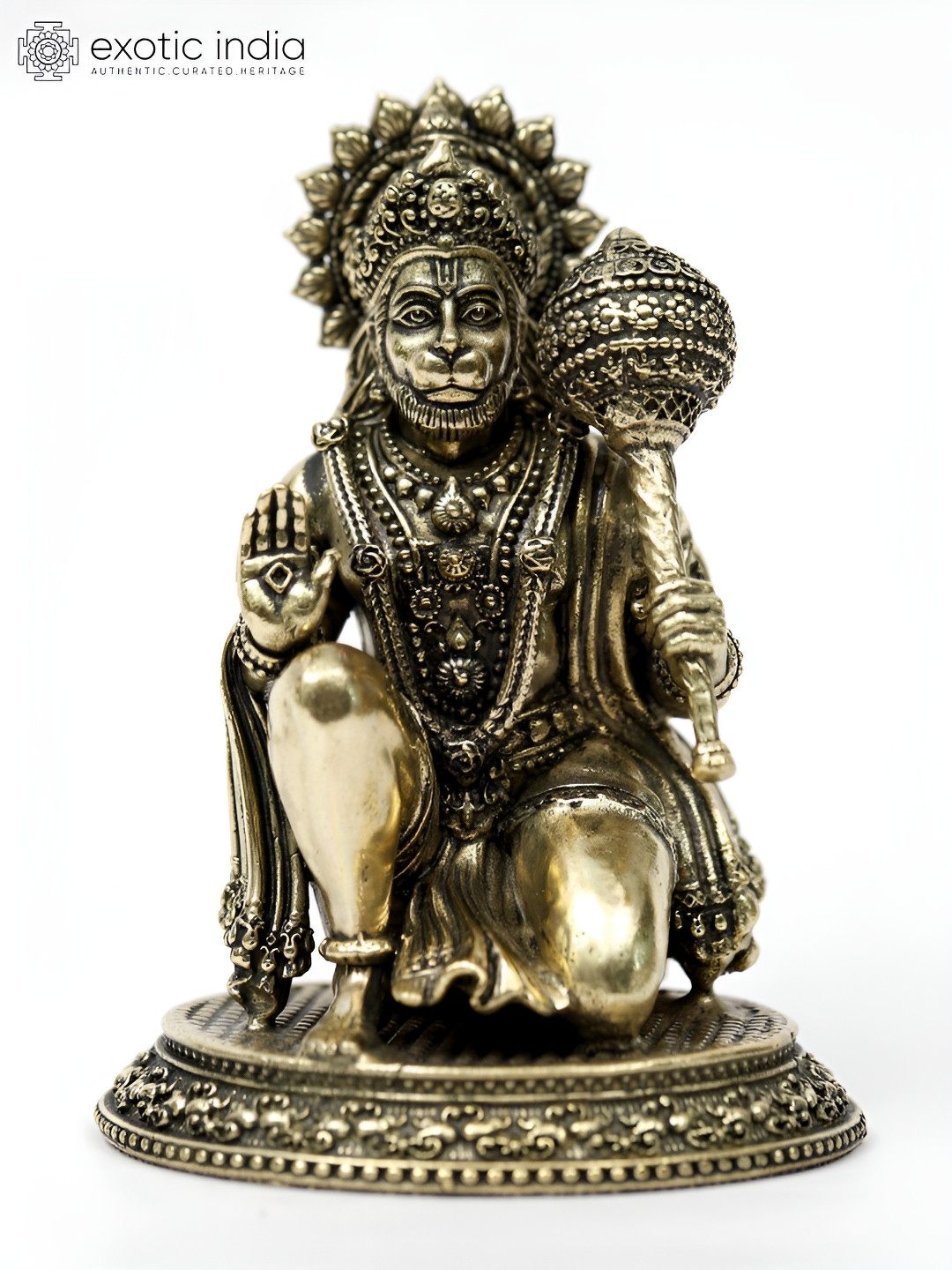 Exotic India Superfine Sitting Lord Hanuman in Blessing Gesture Gold Brass Metallic Prayer Room Small Showpiece - 4.3 Inches