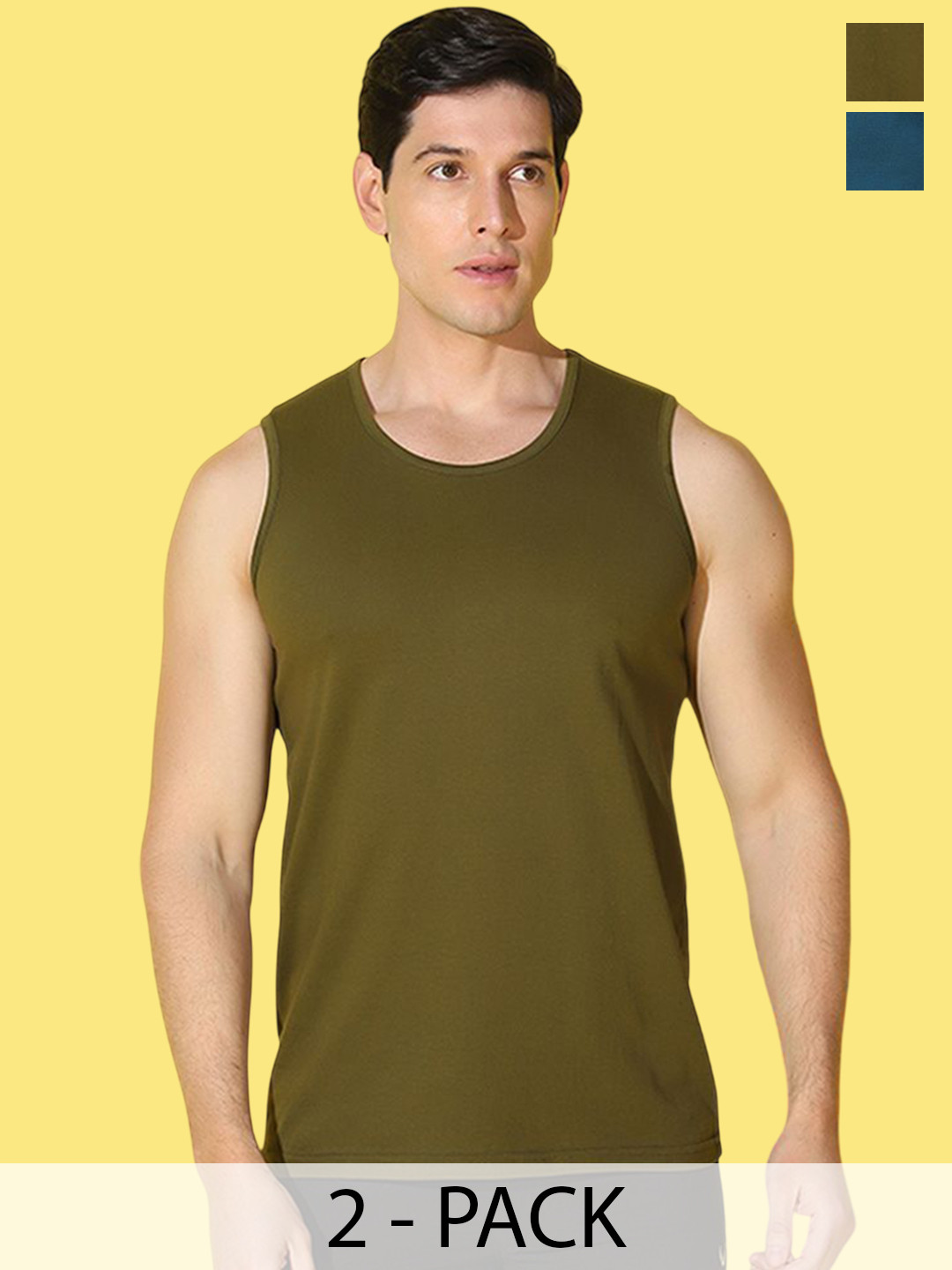 WOOSTRO 2-Pcs Odour-Free Combed Cotton Innerwear Vests VWS26(MORE PEACOCK)(PLAIN OLIVE)