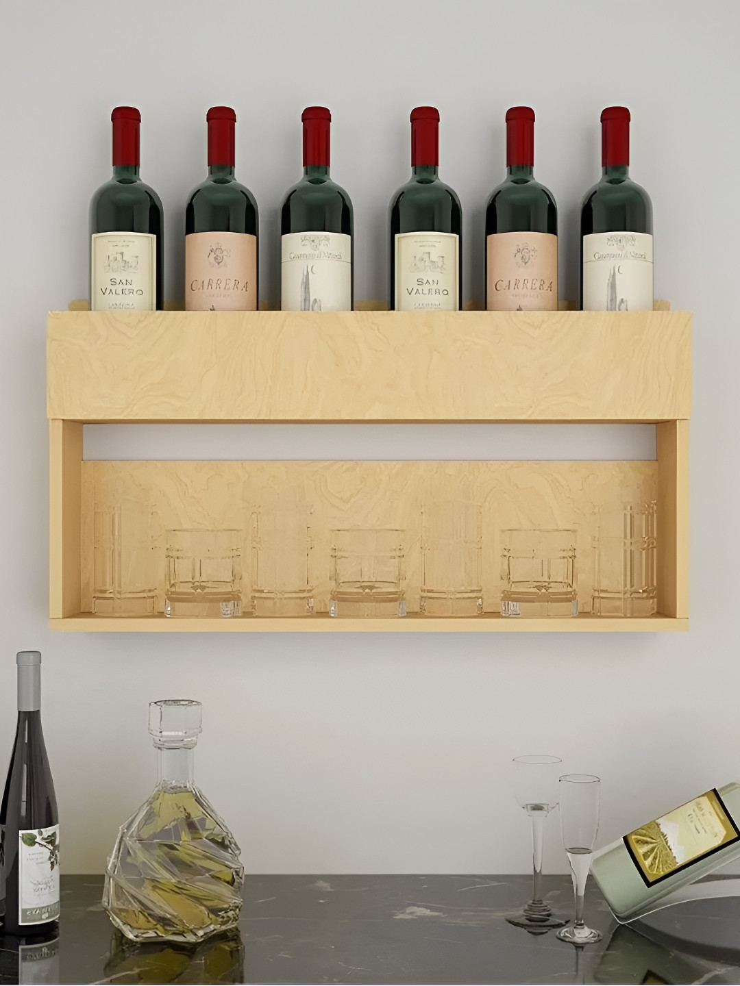 DEKORSTATION Beige Oak Finish Wood Bar Wall Shelf