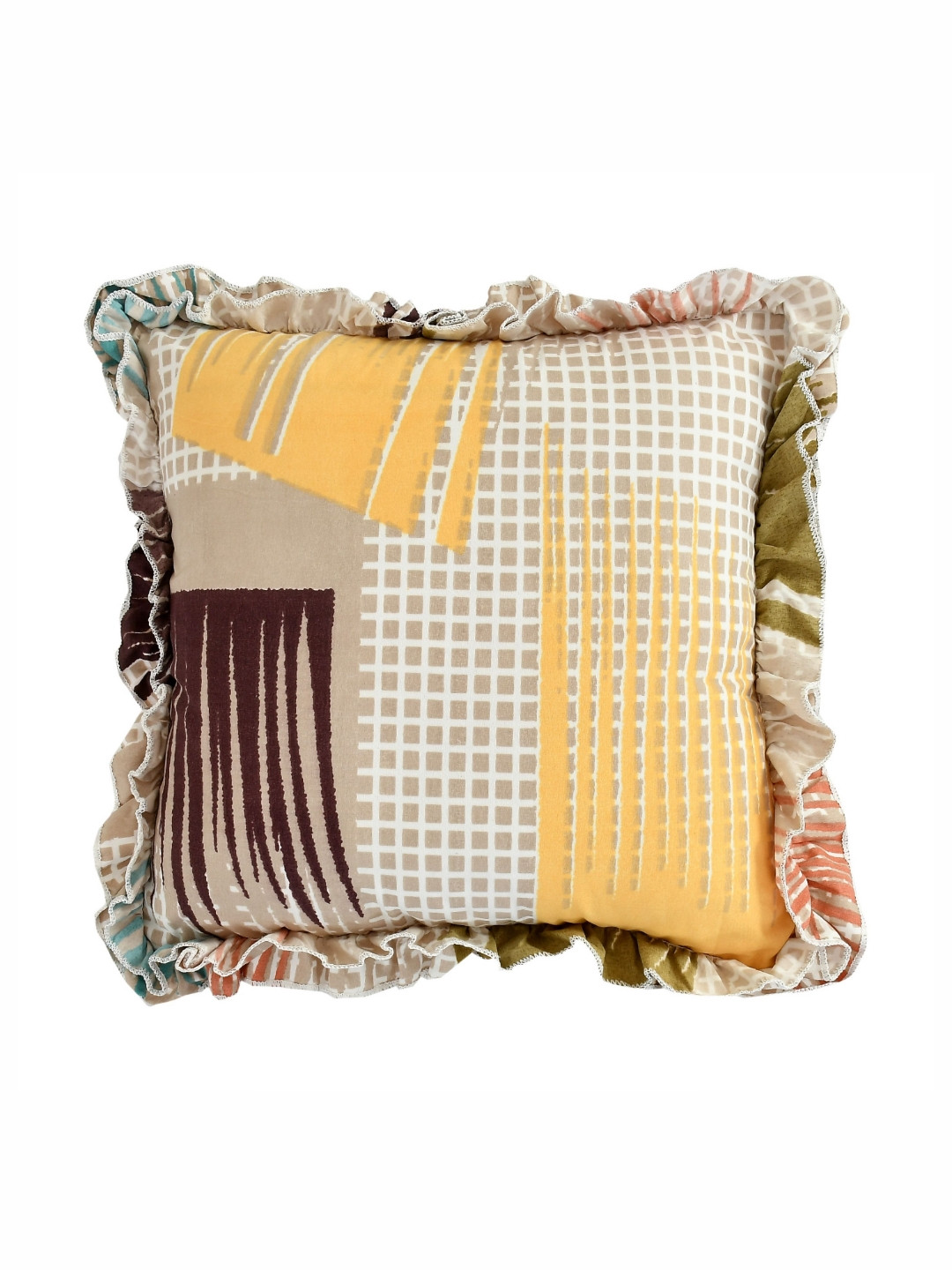 Luxmi Cotton Fabrics Yellow & White 5 Pieces Geometric Printed Square Cushion Covers