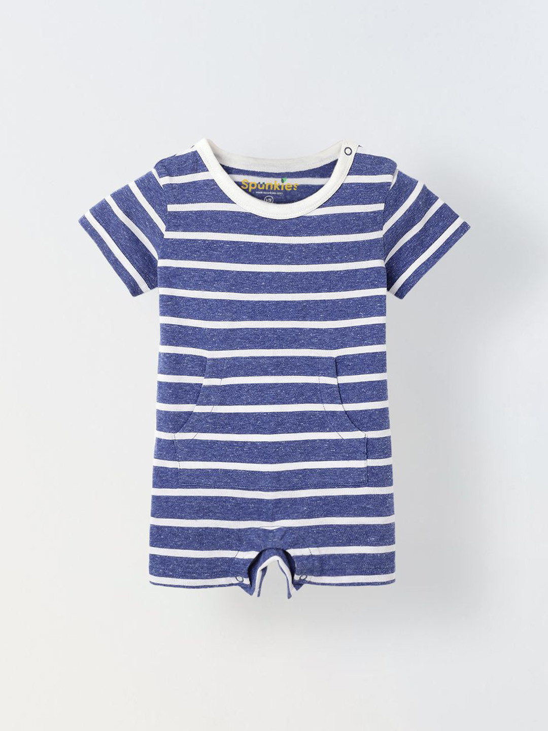 SPUNKIES Infant White & Blue Stripe Cotton Round Neck Romper