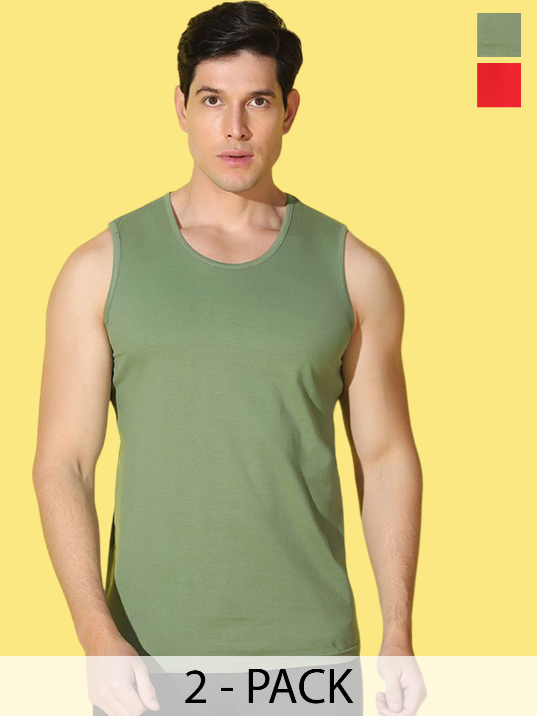 WOOSTRO Pack Of 2 Printed Combo Cotton Scoop Neck Gym Vests VWS26(ENJOY RED)(PLAIN LGTGRE
