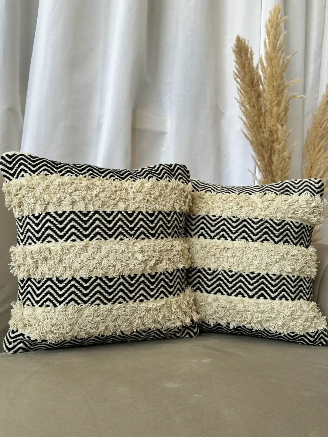 EXPORT HOUSE Ultra-Soft Chevron Cotton 2 Pcs Embroidered Cushion Covers - 16x16In