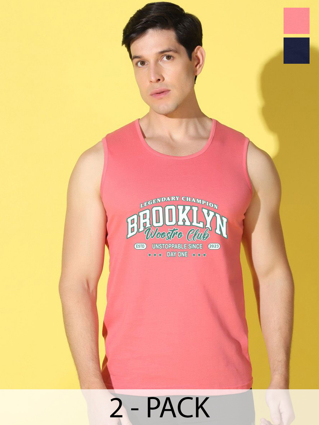 WOOSTRO 2-Pc Printed Odour-Free Cotton Innerwear Vests VWS26(BKLN PEACH)(RUN NAVY)