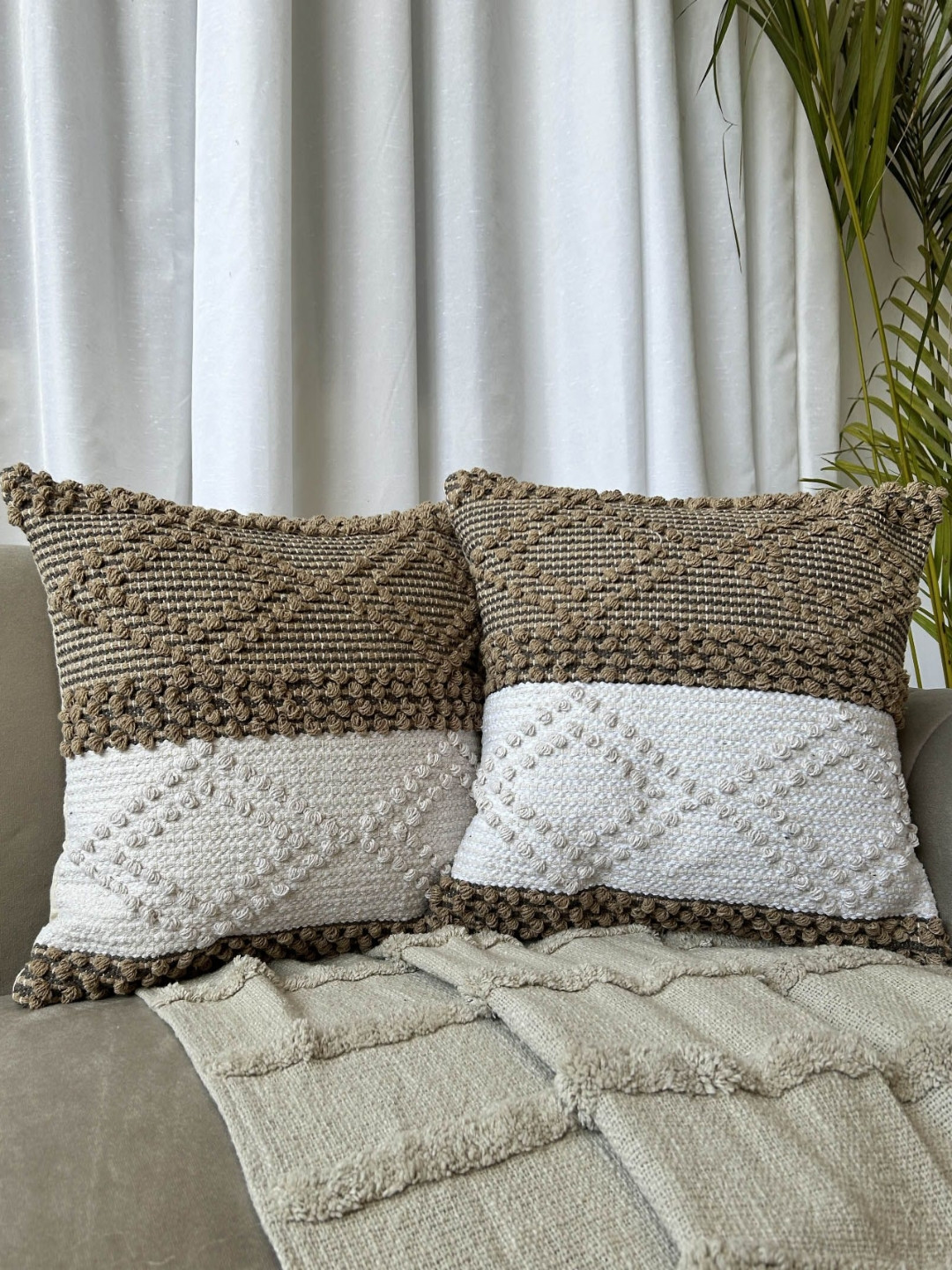 EXPORT HOUSE Geometric Cotton Ultra Soft 2 Pcs Embroidered Square Cushion Covers -16x16In