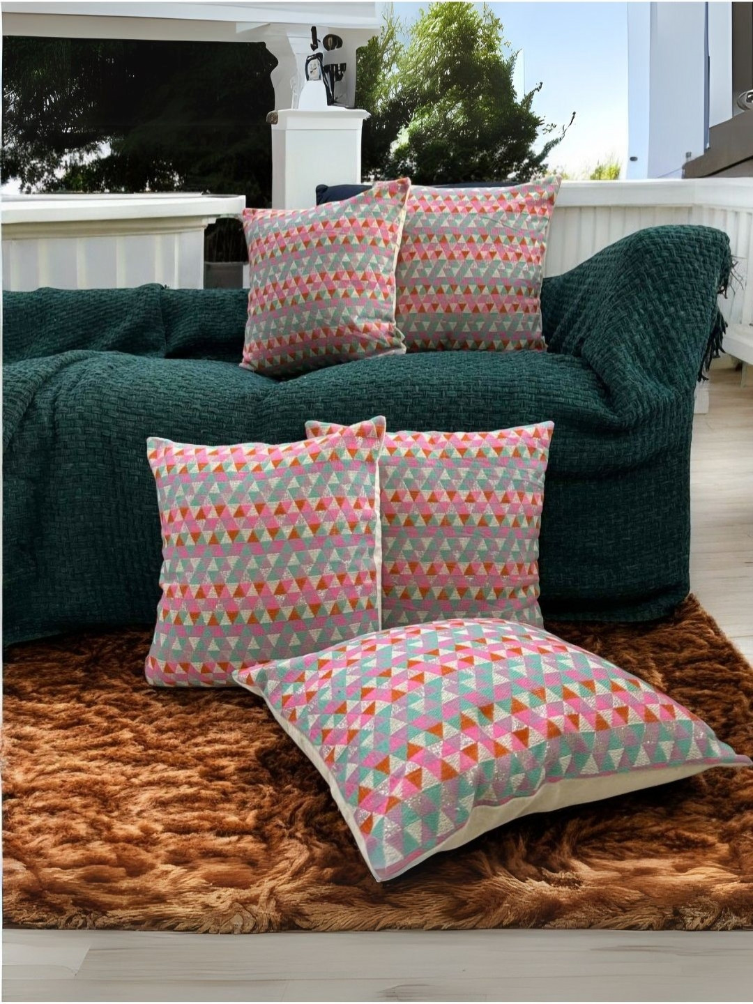 LUSHLYF Vibrant Geometric Jacquard Washable 5 Pcs Square Cushion Covers - 17.7 x 17.7 In