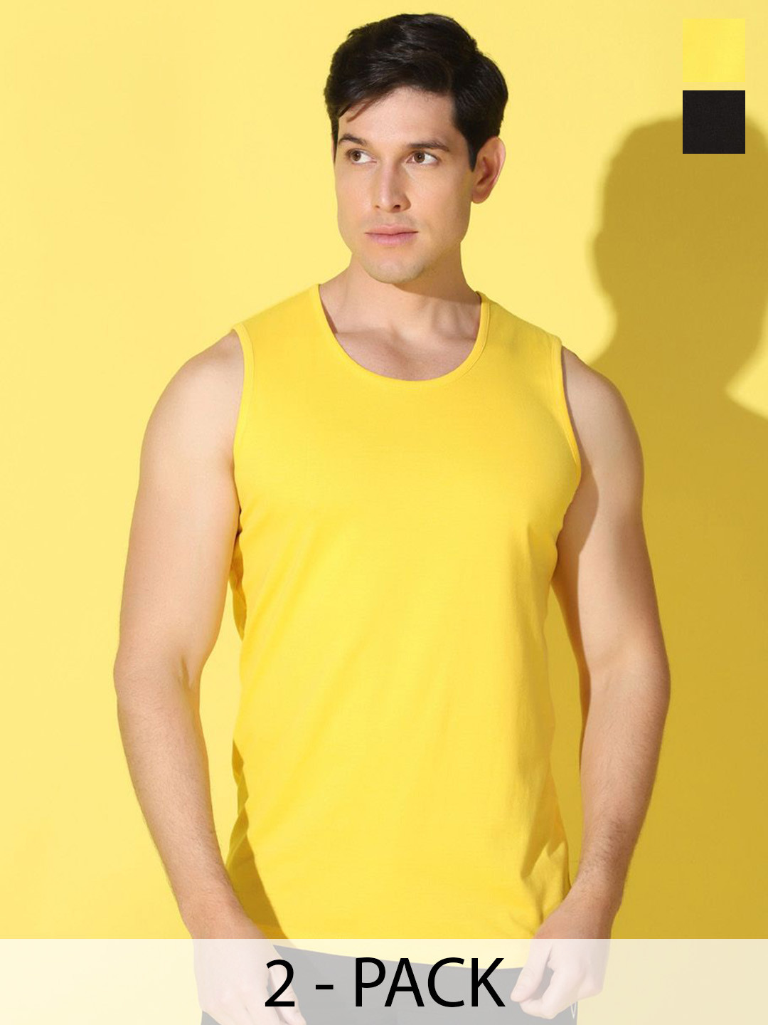 WOOSTRO Pack Of 2 Combed Cotton Gym Vests VWS26(PLAIN YELLOW)(PLAIN BLACK)