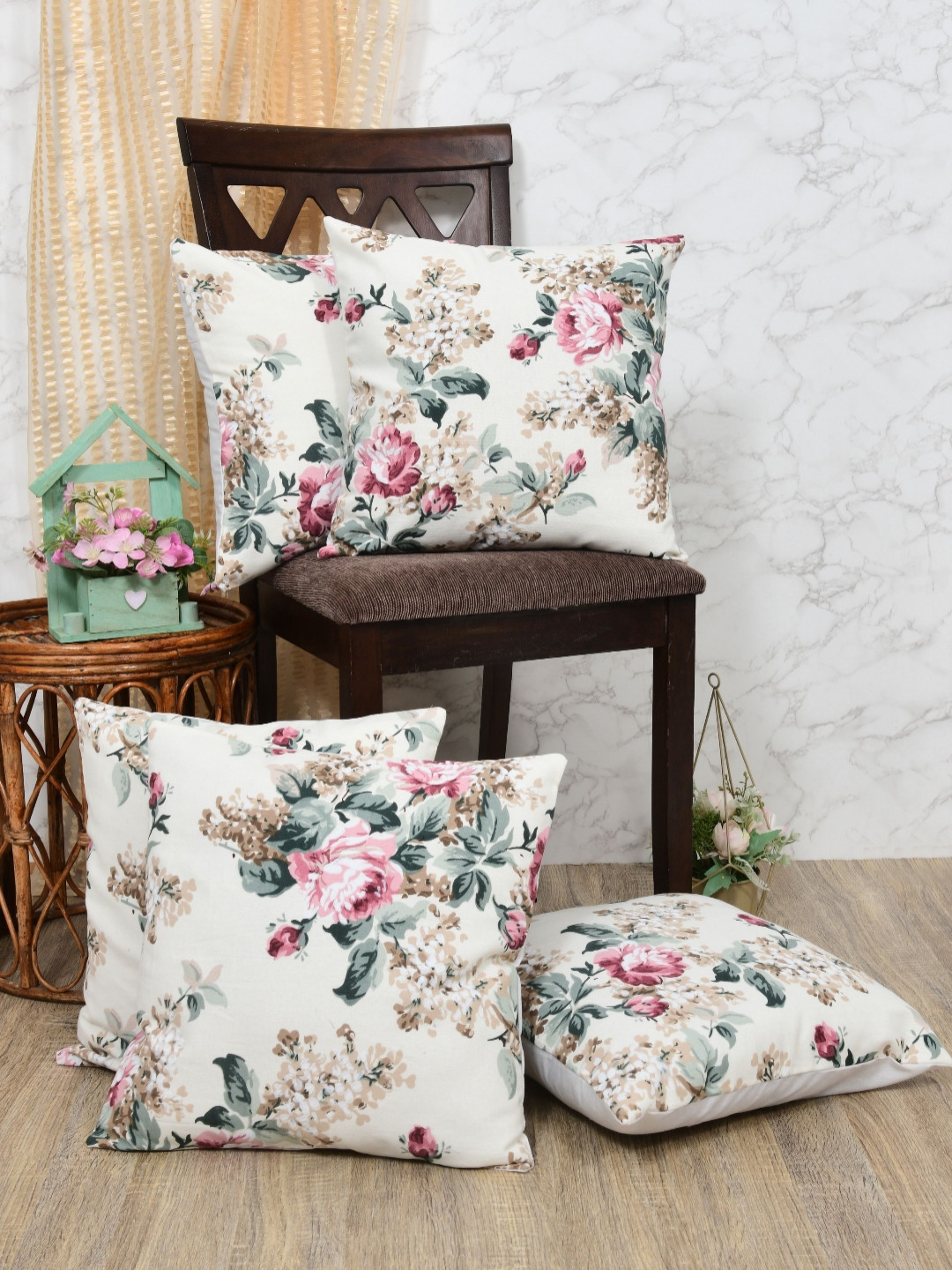 The Home Story 5 Pieces White & Pink Floral Printed Square Cushion Covers