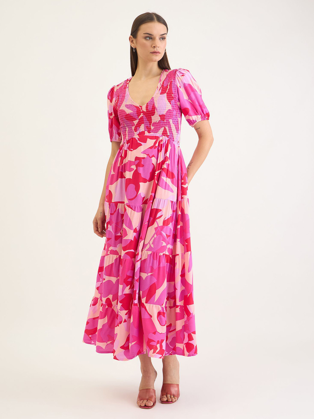 ELLE Print Puff Sleeve Fit & Flare Midi Dress