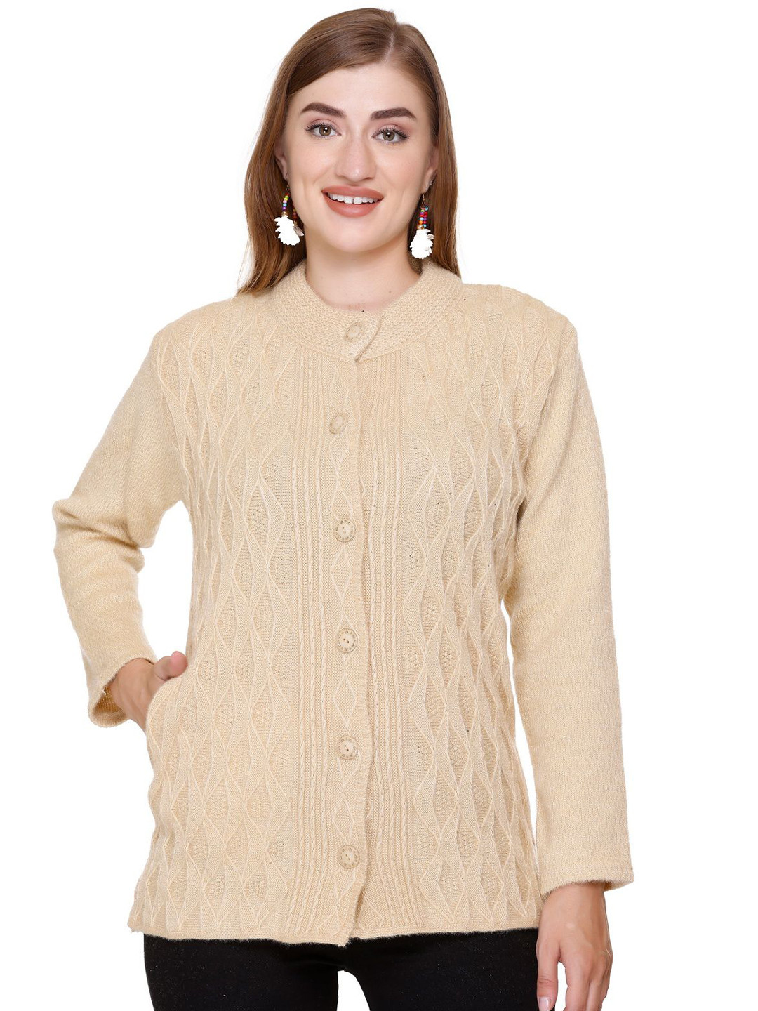 BIWU Women Cable Knit Woollen Cardigan