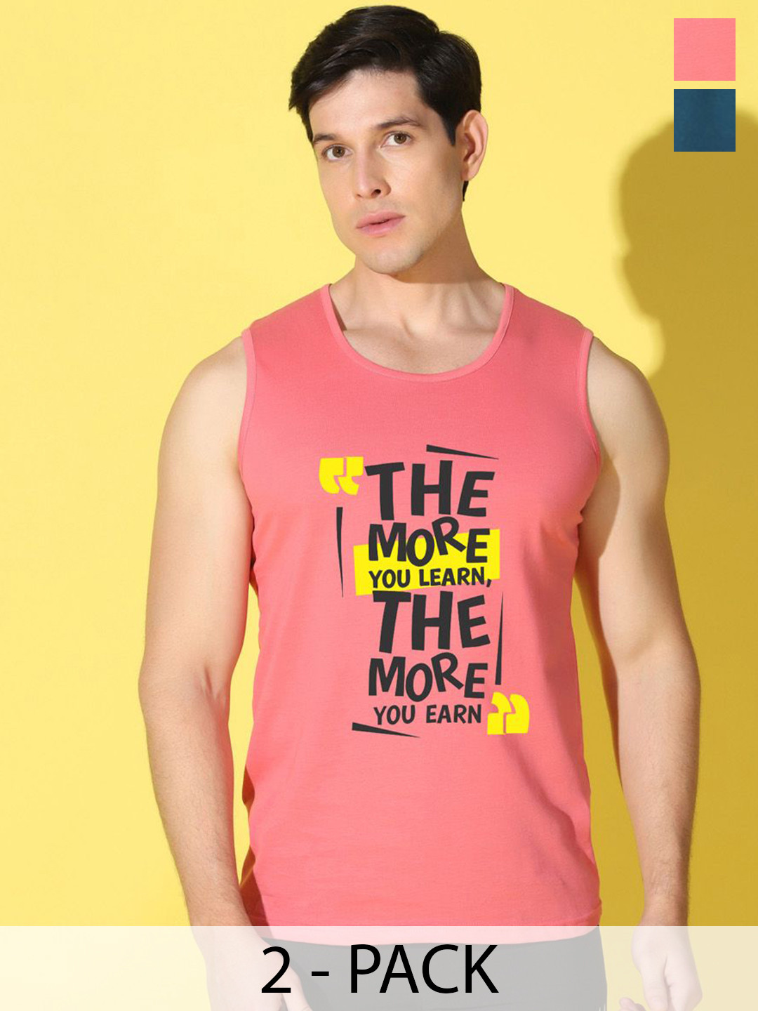 WOOSTRO Men Pack Of 2 Printed Super Combed Cotton Gym Vests VWS26(MORE PEACH)(PLAIN PEACO