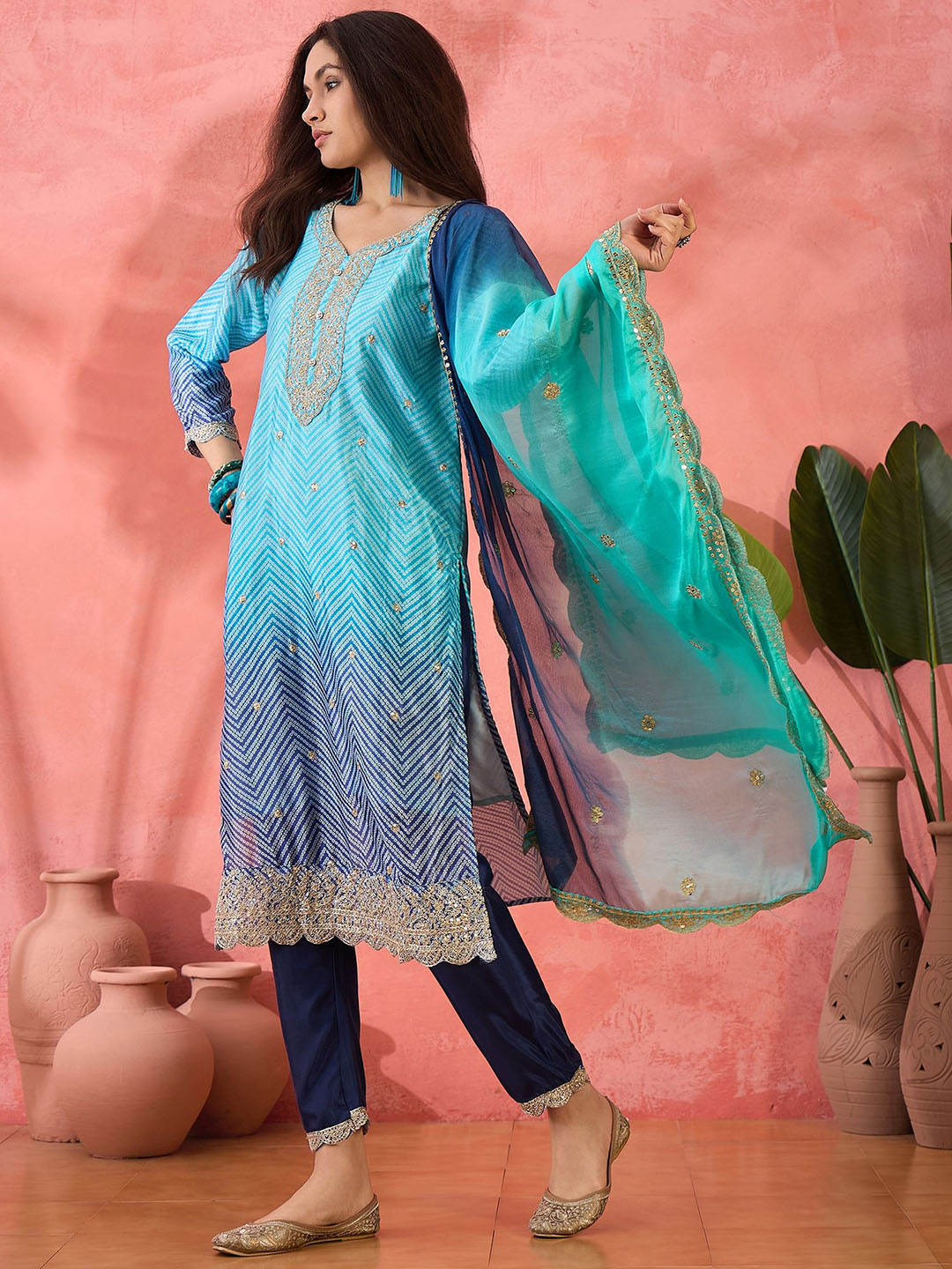 Sangria Women Sequin Embroidered Ombre Straight Kurta & Trousers With Dupatta