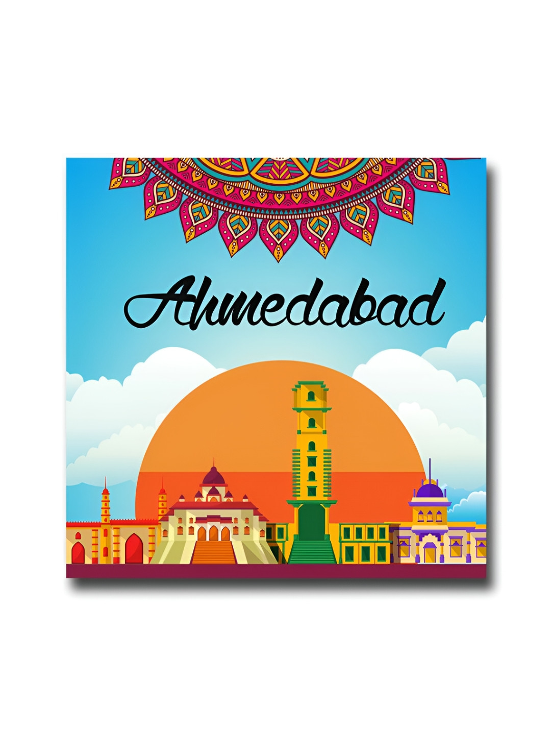 ARTBUG Blue & Orange-Coloured Ahmedabad City Printed Wooden FridgeMagnet