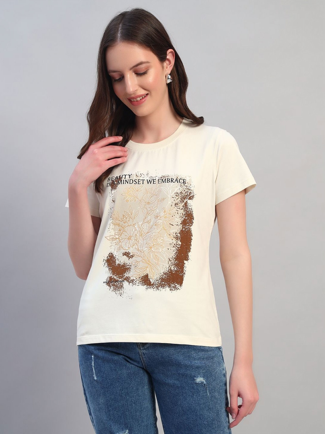 Cantabil Women Floral Printed Extended Sleeves T-shirt