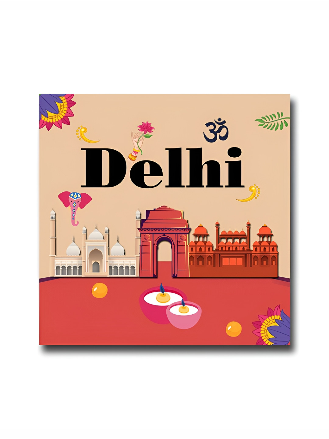 ARTBUG Peach-Coloured & Red Delhi City Printed Wooden Stylish Fridge Magnet