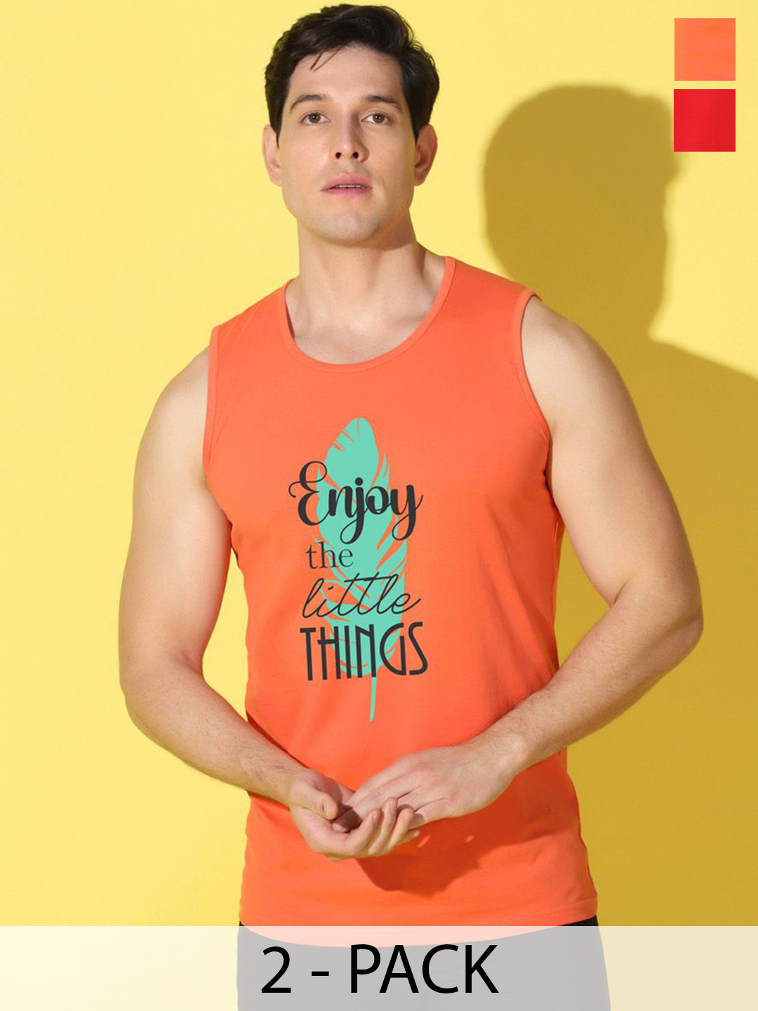 WOOSTRO Pack Of 2 Printed Combed Cotton GymInnerwear VWS26(ENJOY ORANGE)(PLAIN RED)