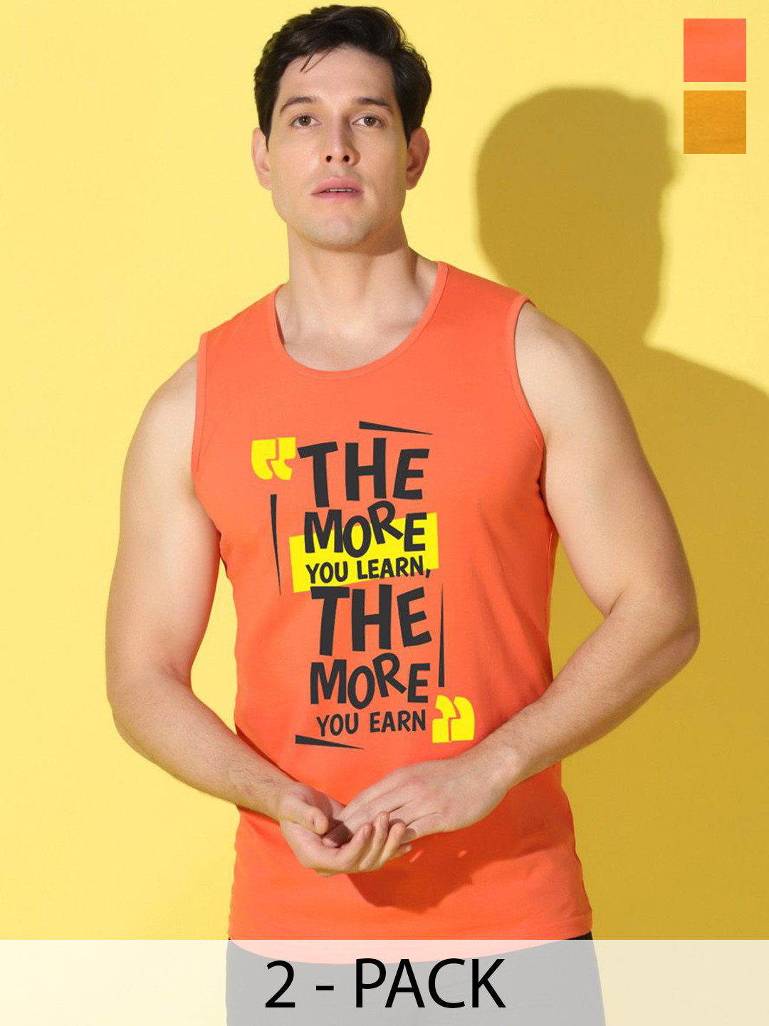 WOOSTRO Pack Of 2 Printed Super Combed Cotton Gym Vest VWS26(MORE ORANGE)(ENJOY MUSTARD)