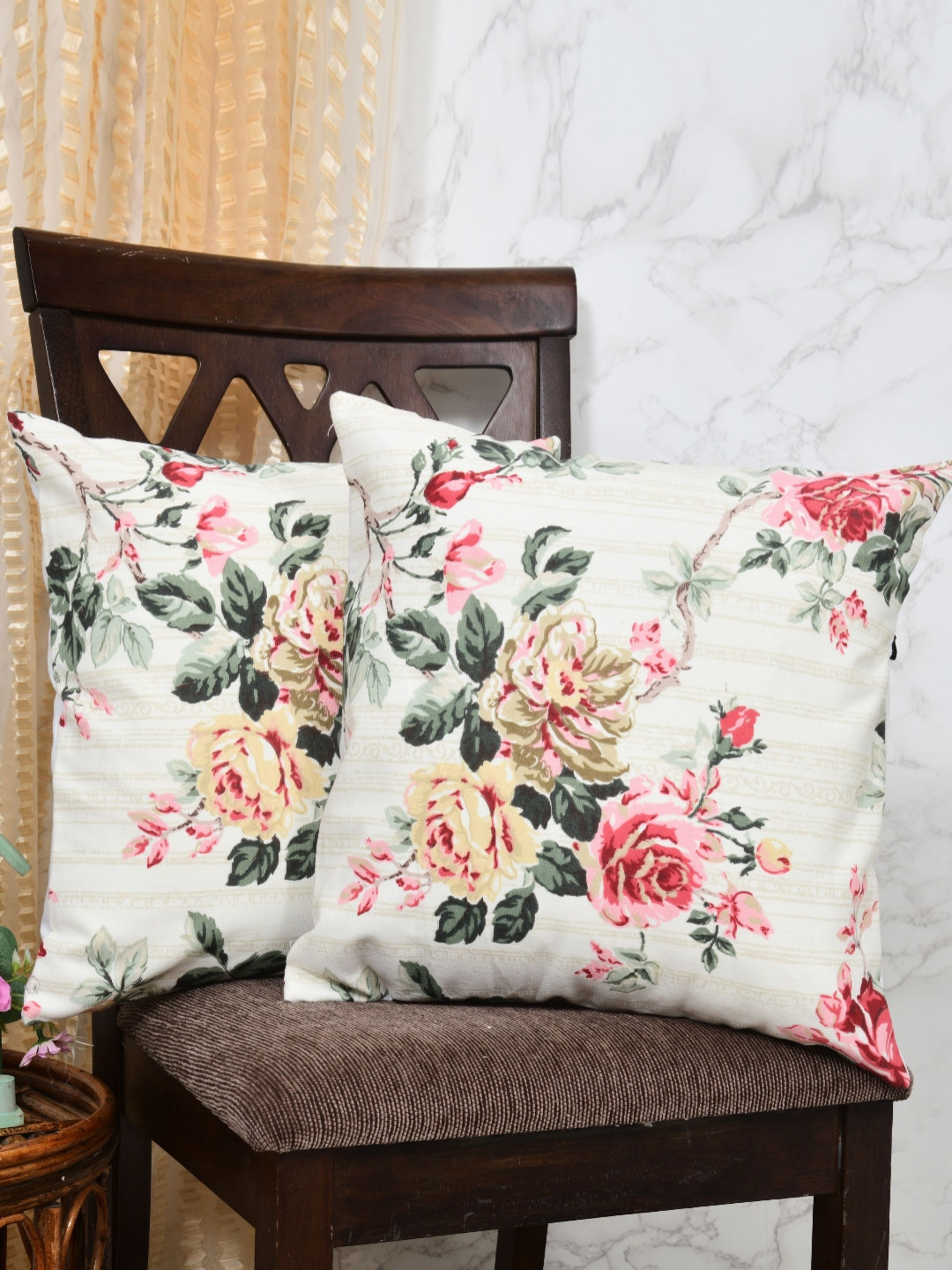 Clasiko Beige & Green 2 Pieces Floral Square Cotton Cushion Covers 20 Inches