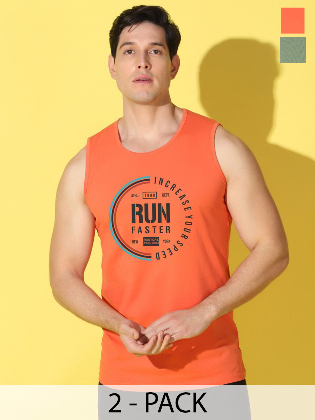 WOOSTRO Pack Of 2 Printed Combo Cotton Innerwear VestsVWS26(RUN ORANGE)(ENJOY LGTGREEN)