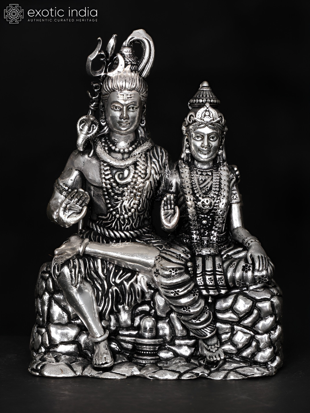 Exotic India Shiva Parvati Seated in Blessing Gesture Silver Brass Metallic Prayer Room Small Showpiece - 4.2 Inches